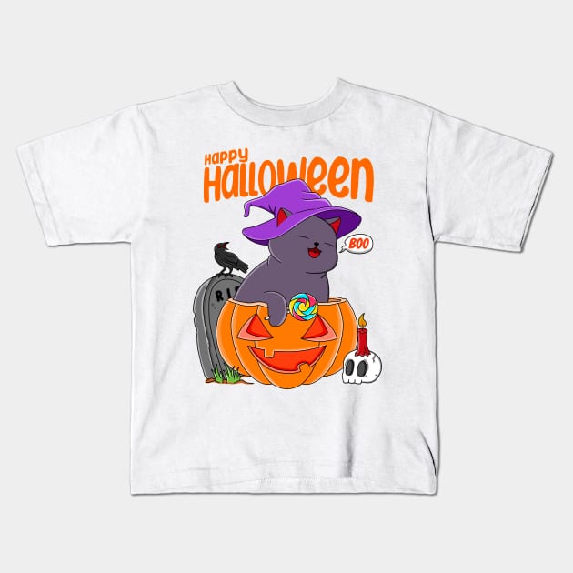 Cat Halloween Kids T-Shirt by Kimprut